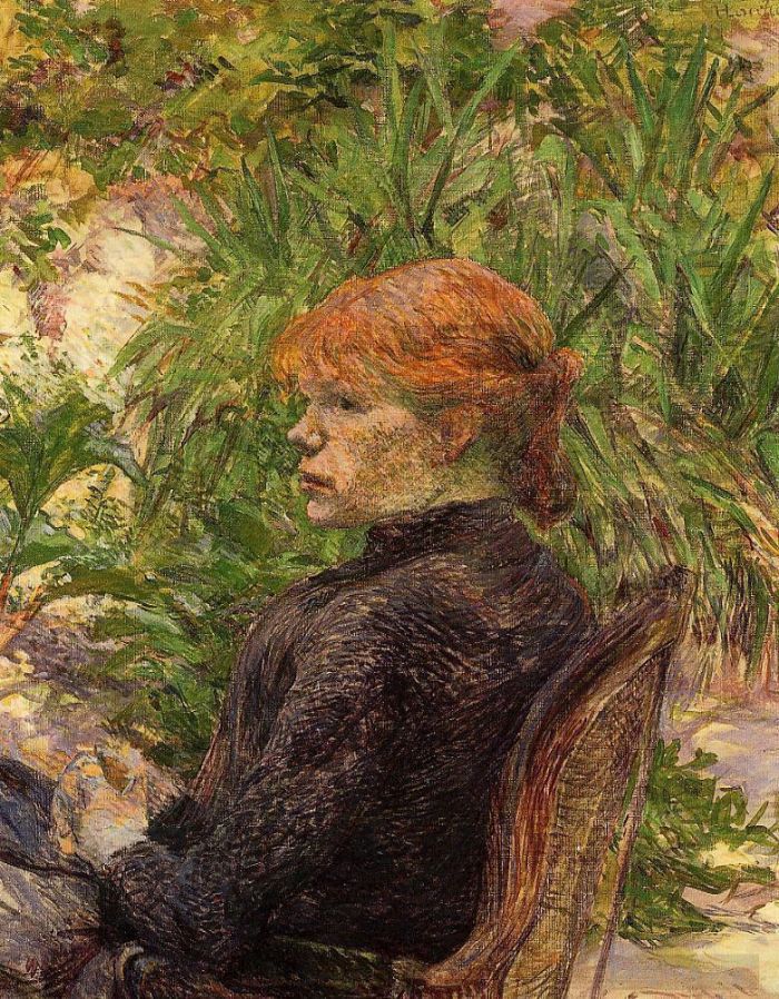 亨利·德·图卢兹·劳特累克 的各类绘画作品 -  《红发女人坐在米森林花园里,1889》