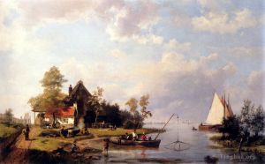 艺术家赫曼努斯·库库克·森尔作品《河边风景，有渡轮和修船的人物》