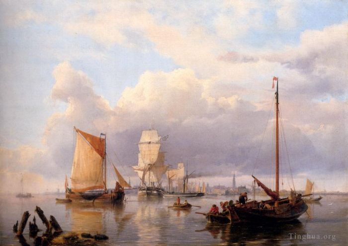 赫曼努斯·库库克·森尔 的油画作品 -  《在斯海尔德河上航行，背景是安特卫普》
