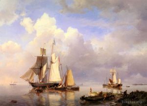 艺术家赫曼努斯·库库克·森尔作品《船只在河口抛锚与渔夫》