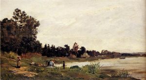 艺术家希波吕忒·卡米尔·德尔皮作品《河流风景中的洗衣妇》