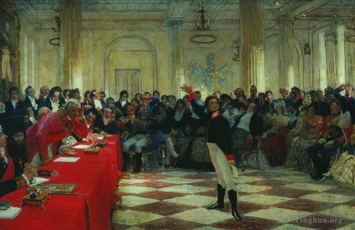 伊里亚·叶菲莫维奇·列宾 的油画作品 -  《1811911,年,1,月，普希金在学园表演》