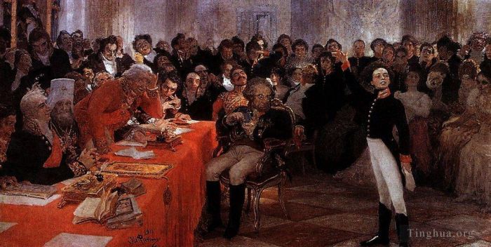 伊里亚·叶菲莫维奇·列宾 的油画作品 -  《普希金于,181,年,1,月在学园表演，在,1911,年沙皇村朗读他的诗作回忆》