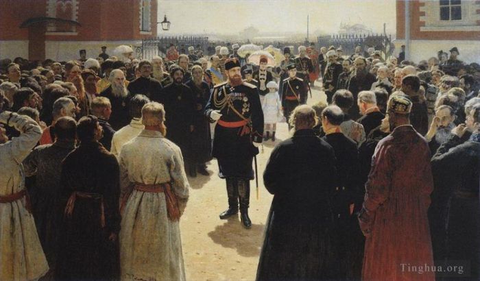 伊里亚·叶菲莫维奇·列宾 的油画作品 -  《1886,年，亚历山大三世在莫斯科彼得罗夫斯基宫院子里接见乡村长老》