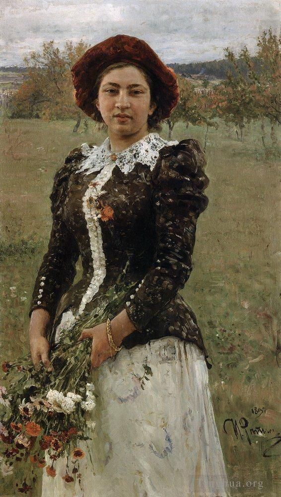 伊里亚·叶菲莫维奇·列宾 的油画作品 -  《维拉·雷皮纳的秋花束肖像,1892》
