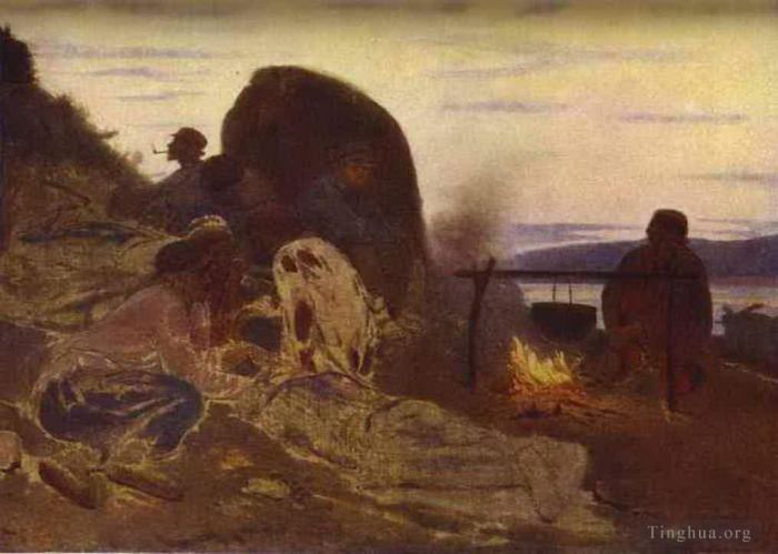 伊里亚·叶菲莫维奇·列宾 的油画作品 -  《营火边的驳船搬运工,1870》