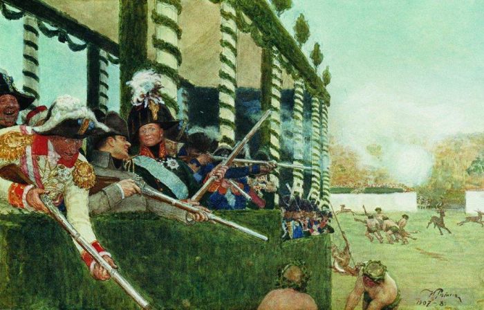 伊里亚·叶菲莫维奇·列宾 的油画作品 -  《亚历山大一世皇帝和拿破仑皇帝在狩猎，1908,年》