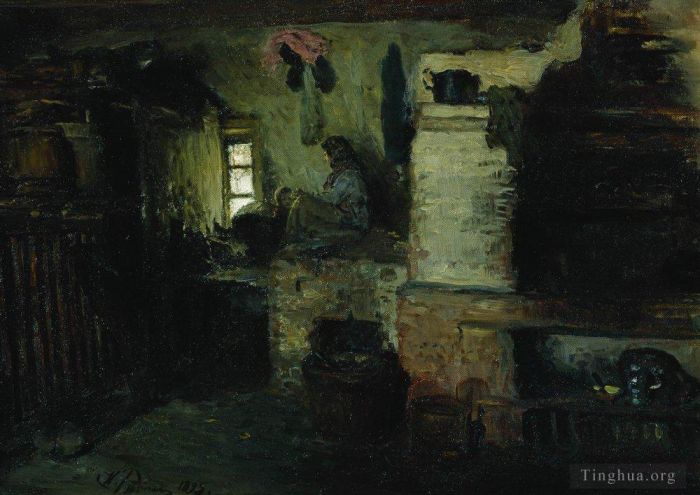 伊里亚·叶菲莫维奇·列宾 的油画作品 -  《小屋里,1895》