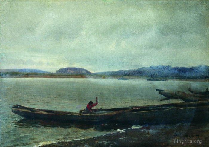 伊里亚·叶菲莫维奇·列宾 的油画作品 -  《伏尔加河风景与小船,1870》