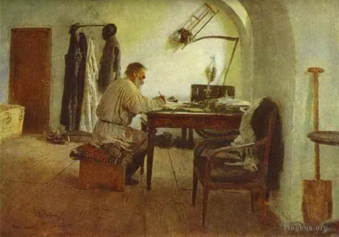 伊里亚·叶菲莫维奇·列宾 的油画作品 -  《列夫·托尔斯泰在他的书房里,1891》