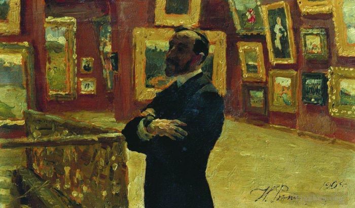 伊里亚·叶菲莫维奇·列宾 的油画作品 -  《画廊大厅里摆出帕维尔·特列季亚科夫姿势的泥凝胶，1904,年》