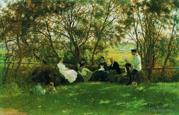 伊里亚·叶菲莫维奇·列宾 的油画作品 -  《在草皮长凳上,1876》