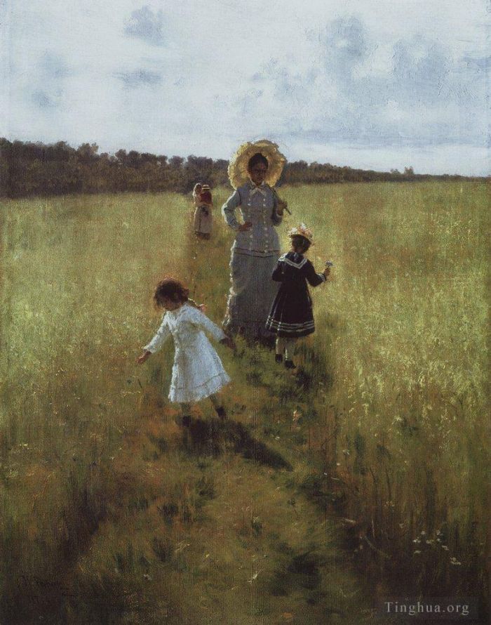 伊里亚·叶菲莫维奇·列宾 的油画作品 -  《在边界小路上,VA,Repina,和孩子们在边界小路上行走,1879》