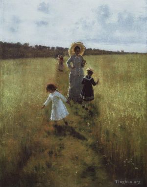 艺术家伊里亚·叶菲莫维奇·列宾作品《在边界小路上,VA,Repina,和孩子们在边界小路上行走,1879》