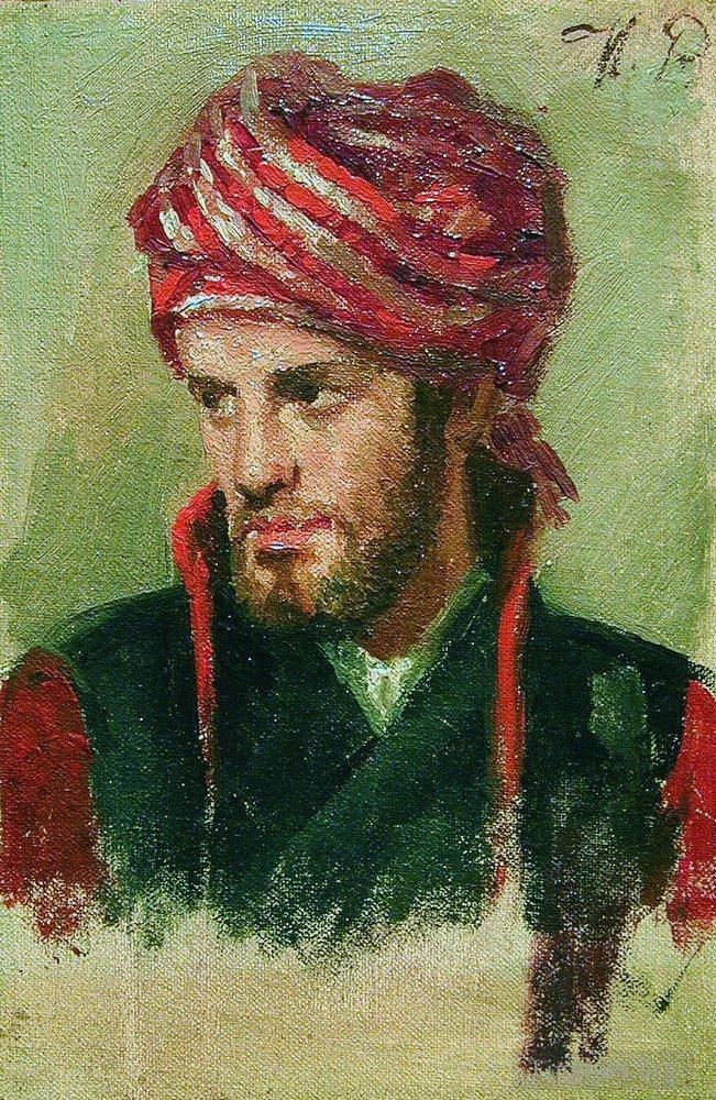 伊里亚·叶菲莫维奇·列宾 的油画作品 -  《一个戴头巾的年轻人的肖像》