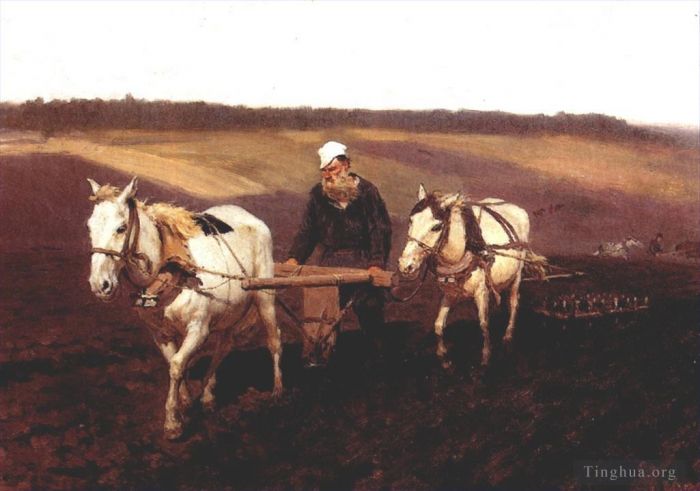 伊里亚·叶菲莫维奇·列宾 的油画作品 -  《列夫·托尔斯泰作为农夫在田野上的肖像,1887》