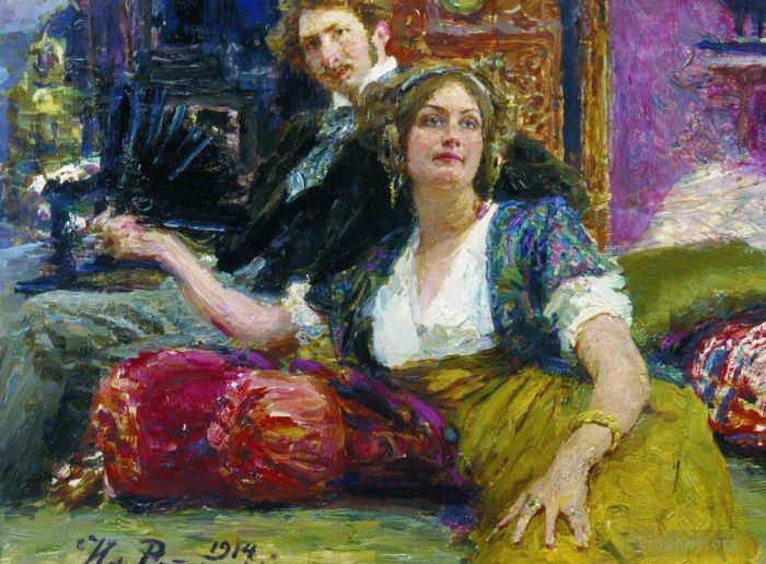 伊里亚·叶菲莫维奇·列宾 的油画作品 -  《诗人,散文作家,翻译家,剧作家谢尔盖·米特罗凡诺维奇·戈罗德茨基和他的,1914,年肖像》