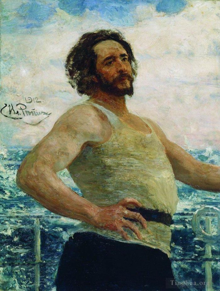 伊里亚·叶菲莫维奇·列宾 的油画作品 -  《作家列昂尼德·尼古拉耶维奇·安德烈耶夫在游艇上的肖像，1912,年》