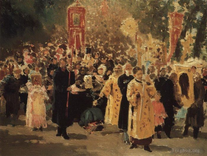 伊里亚·叶菲莫维奇·列宾 的油画作品 -  《1878,年圣像在橡树林中游行》