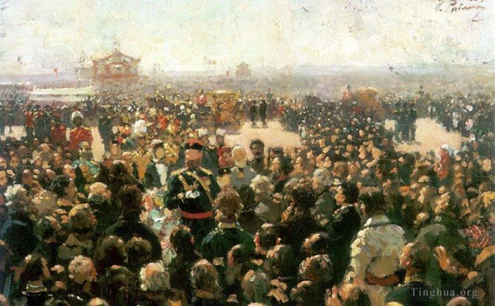 伊里亚·叶菲莫维奇·列宾 的油画作品 -  《1885,年，亚历山大三世在彼得罗夫斯基宫宫廷接待当地哥萨克领导人》