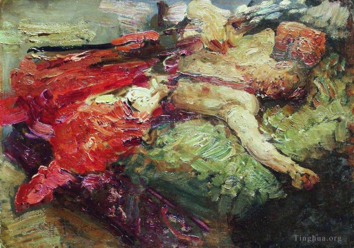 伊里亚·叶菲莫维奇·列宾 的油画作品 -  《沉睡的哥萨克,1914》