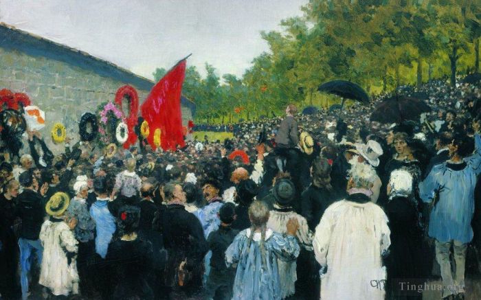 伊里亚·叶菲莫维奇·列宾 的油画作品 -  《1883年在拉雪兹神父公墓公社墙附近举行的年度追悼会》