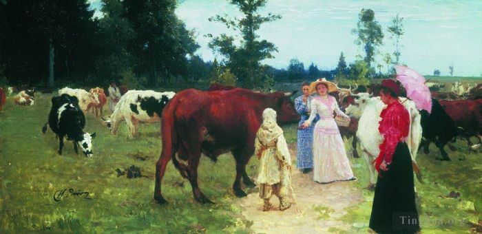 伊里亚·叶菲莫维奇·列宾 的油画作品 -  《年轻女士在牛群中行走》