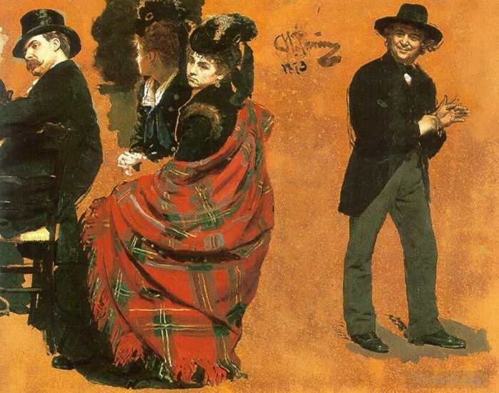 伊里亚·叶菲莫维奇·列宾 的各类绘画作品 -  《餐桌上的男人和女人,拉手套的男人,1873》