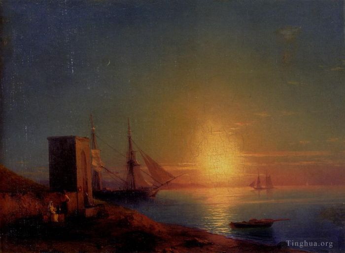 伊凡·康斯坦丁诺维奇·艾瓦佐夫斯基 的油画作品 -  《日落时海岸风景中的人物》