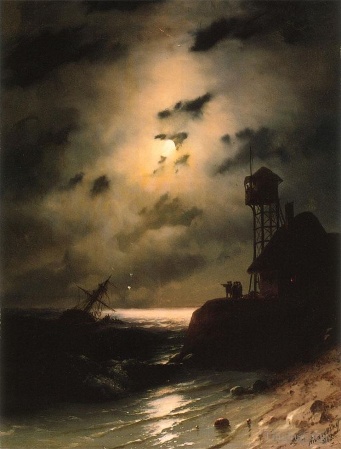 伊凡·康斯坦丁诺维奇·艾瓦佐夫斯基 的油画作品 -  《月光下的海景船与沉船》