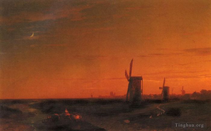 伊凡·康斯坦丁诺维奇·艾瓦佐夫斯基 的油画作品 -  《风景与风车》