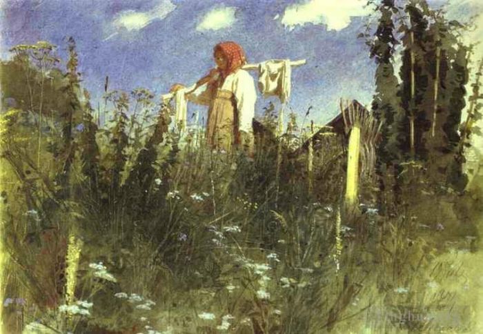 伊万·尼古拉耶维奇·克拉姆斯柯依 的油画作品 -  《轭上有水洗亚麻布的女孩》