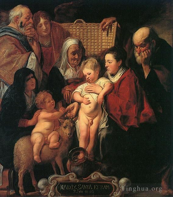 雅各布·乔登斯 的油画作品 -  《神圣家族与年轻施洗者圣安妮和他的父母》