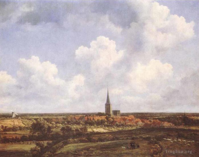雅各布·凡·罗伊斯达尔 的油画作品 -  《风景与教堂和村庄》