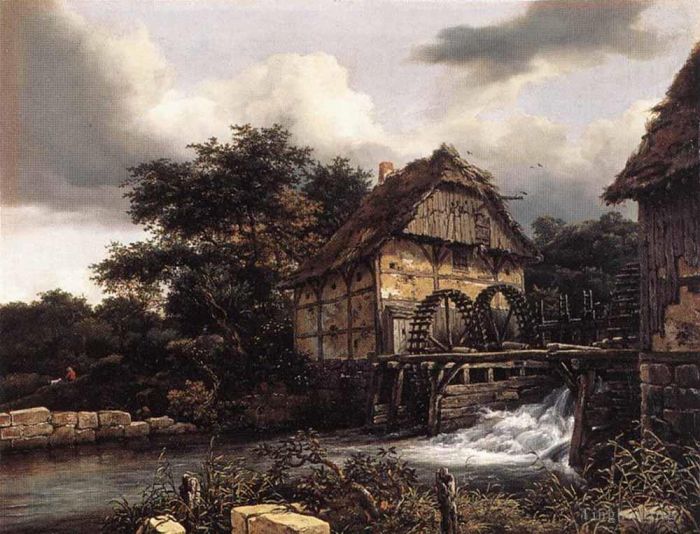 雅各布·凡·罗伊斯达尔 的油画作品 -  《两个水磨坊和开放水闸》