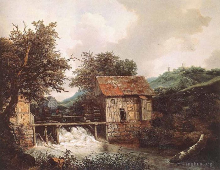 雅各布·凡·罗伊斯达尔 的油画作品 -  《辛格拉文附近的两个水磨坊和一个开放式水闸》