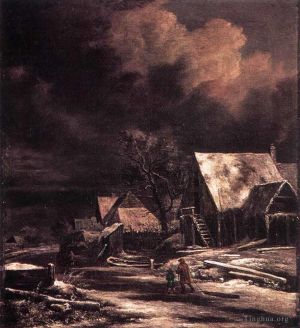 艺术家雅各布·凡·罗伊斯达尔作品《冬天月光下的村庄》