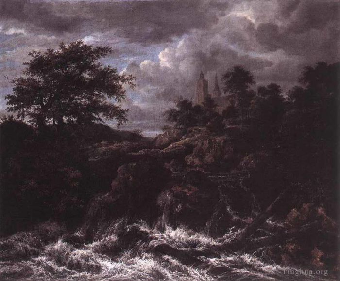 雅各布·凡·罗伊斯达尔 的油画作品 -  《教堂旁的瀑布》