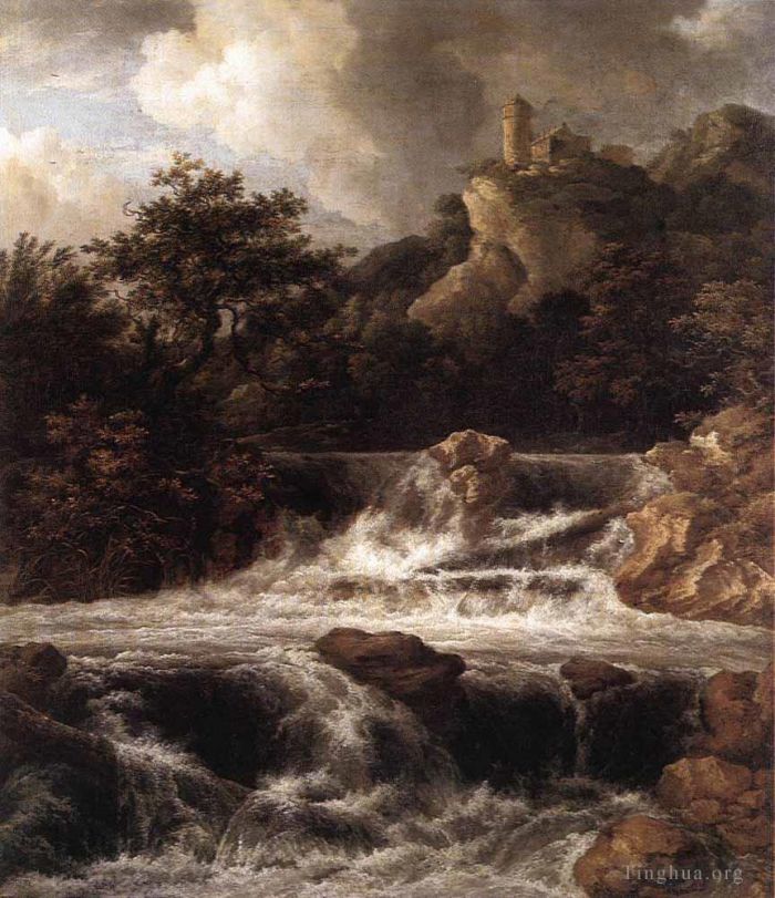 雅各布·凡·罗伊斯达尔 的油画作品 -  《瀑布与建在岩石上的城堡》
