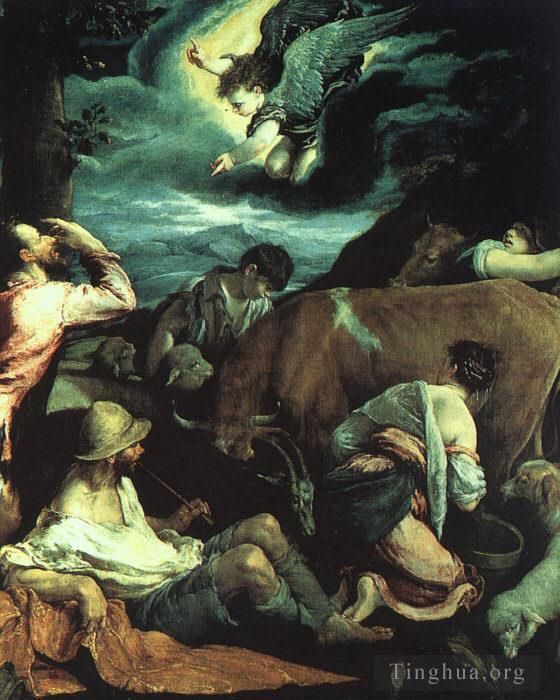 雅各布·巴萨诺 的油画作品 -  《给牧羊人的报喜》