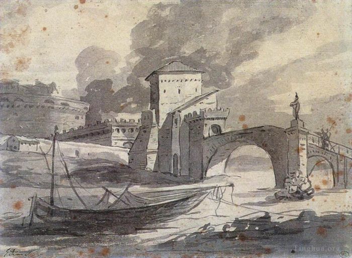雅克·路易·大卫 的各类绘画作品 -  《台伯河和圣安吉洛城堡的景色》
