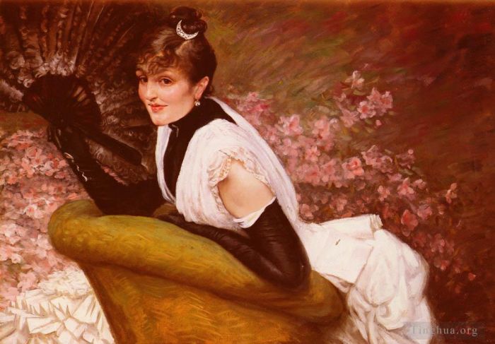雅克·约瑟夫·蒂索 的油画作品 -  《Portrait,De,Femme,A,LEventail,肖像》