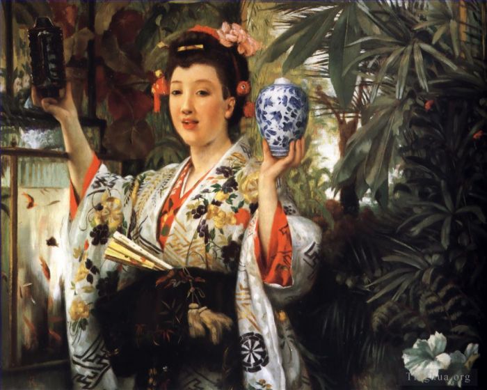 雅克·约瑟夫·蒂索 的油画作品 -  《拿着日本物品的年轻女士》