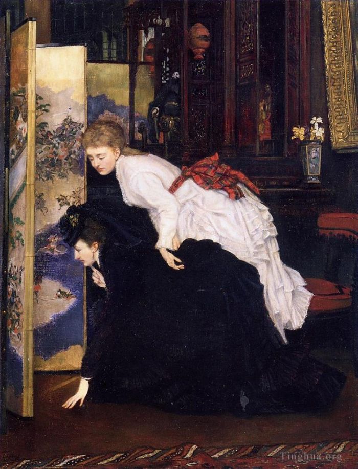 雅克·约瑟夫·蒂索 的油画作品 -  《看着日本物品的年轻女性2》