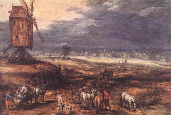 老扬·勃鲁盖尔 的油画作品 -  《风景与风车》