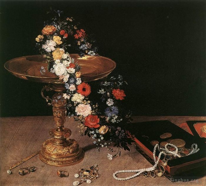 老扬·勃鲁盖尔 的油画作品 -  《静物与鲜花花环和金色,Tazza》