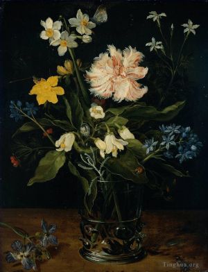艺术家老扬·勃鲁盖尔作品《静物与玻璃中的花朵》
