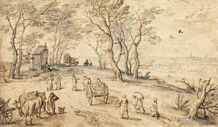 老扬·勃鲁盖尔 的各类绘画作品 -  《村民在去市场的路上》