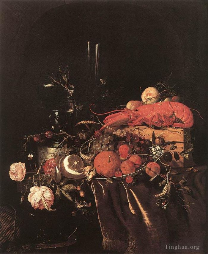 扬·戴维茨·德·希姆 的油画作品 -  《静物与果花眼镜和龙虾,Jan,Davidsz,de,Heem》