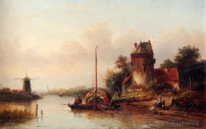 艺术家扬·雅各布·斯伯勒作品《夏季河流景观，有一艘停泊的干草驳船，作者：Jan,Jacob,Coenraad,Spohler》
